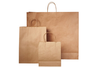 Brown paper bags of different sizes insulated on a white background.