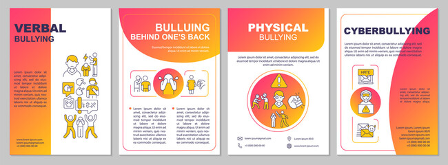 Teenage bullying and harassment red gradient brochure template. Leaflet design with linear icons. 4 vector layouts for presentation, annual reports. Arial, Myriad Pro-Regular fonts used - obrazy, fototapety, plakaty