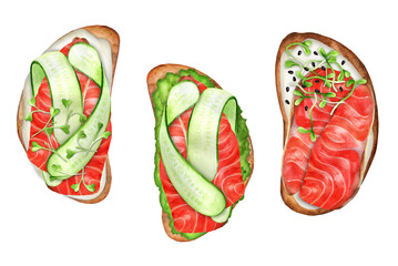 Set of bruschettas with salmon and cucumber