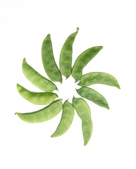 group of green Lima beans or Hyacinth beans isolate on white background, top view