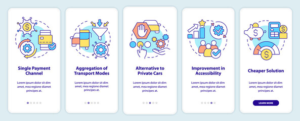 Mobility as service value onboarding mobile app screen. Features walkthrough 5 steps editable graphic instructions with linear concepts. UI, UX, GUI template. Myriad Pro-Bold, Regular fonts used