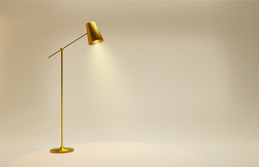 Fototapeta na wymiar Golden floor lamp with bulb on empty room. space. 3d Render image. Torchiere. Modern style