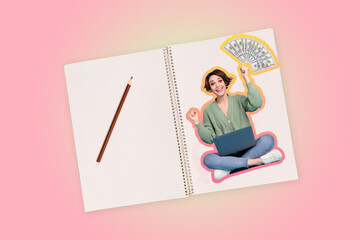 Creative 3d photo artwork graphics collage of girl rising fists holding money writing expences isolated pink color background