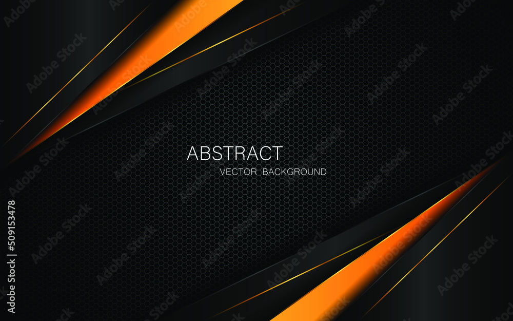 Poster abstract black and orange polygon with golden glow lines overlaid on dark steel mesh background with