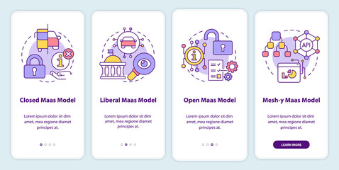 MaaS models onboarding mobile app screen. Digital system walkthrough 4 steps editable graphic instructions with linear concepts. UI, UX, GUI template. Myriad Pro-Bold, Regular fonts used