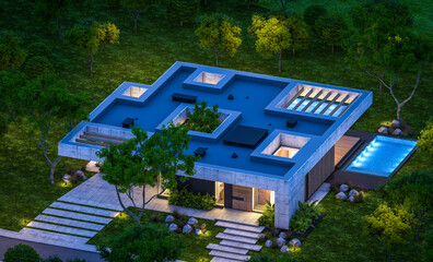 3d rendering of new concrete house in modern style with pool and parking for sale or rent and beautiful landscaping on background. Only one floor. Clear summer night with many stars on the sky.