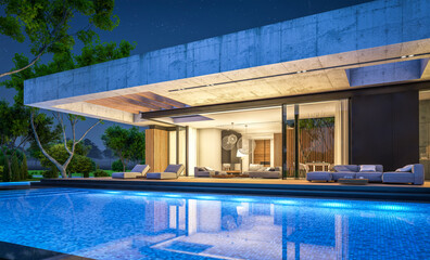 3d rendering of new concrete house in modern style with pool and parking for sale or rent and beautiful landscaping on background. Only one floor. Clear summer night with many stars on the sky.