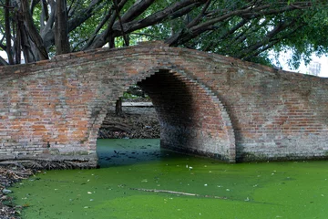 Tuinposter Old brick bridge over green still water © milkovasa