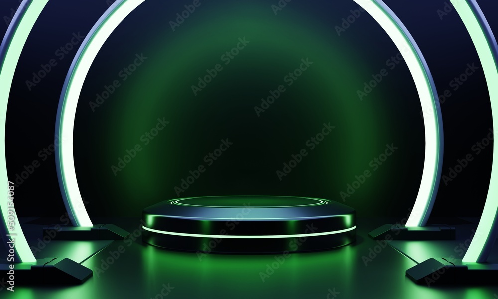 Poster modern round product showcase sci-fi podium with green glowing light neon frame background. technolo