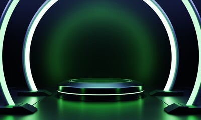 Modern round product showcase sci-fi podium with green glowing light neon frame background. Technology and object for advertising template concept. 3D illustration rendering