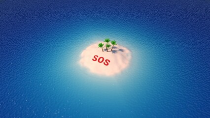 SOS sign written in sand of tropical island beach above water. 3D-rendering.