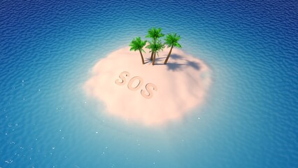 SOS sign written in sand of tropical island beach above water. 3D-rendering.