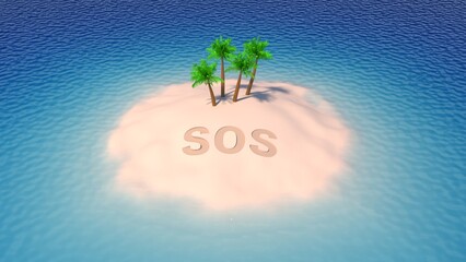 SOS sign written in sand of tropical island beach above water. 3D-rendering.