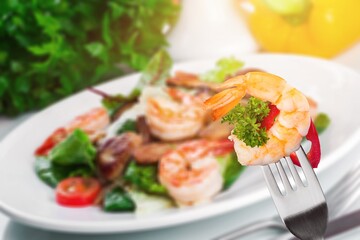 Tasty shrimp. Seafood on the counter. Fish market.