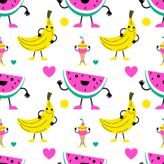 Colorful summer seamless pattern with tropical fruits characters and ice cream memphis style EPS