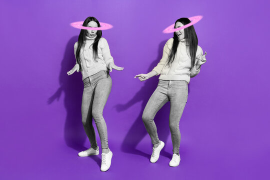 Composite collage picture of two people same black white filter have fun dancing isolated on purple color background