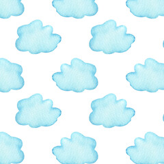 Fototapeta premium Seamless pattern made of blue clouds, painted with watercolor, isolated on white background. Watercolor blue clouds seamless pattern.