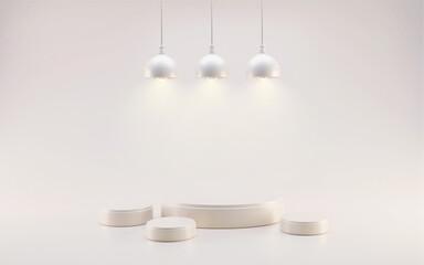 Hanging ceiling lamps on a white background. Light sources, floodlight.Winner stage.Empty pedestal mockup. 3d render image