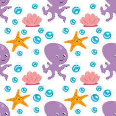 Cute seamless pattern with sea animals. Octopus, , shell, starfish. Undersea world EPS