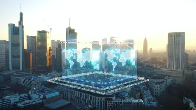 Aerial panoramic view of downtown skyscrapers against sunset sky. World map and financial figures visualised above buildings. Frankfurt am Main, Germany