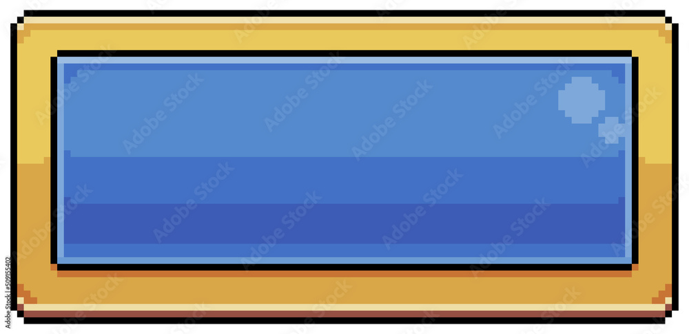 Poster pixel art blue rectangular button for app game interface vector icon for 8bit game on white backgrou