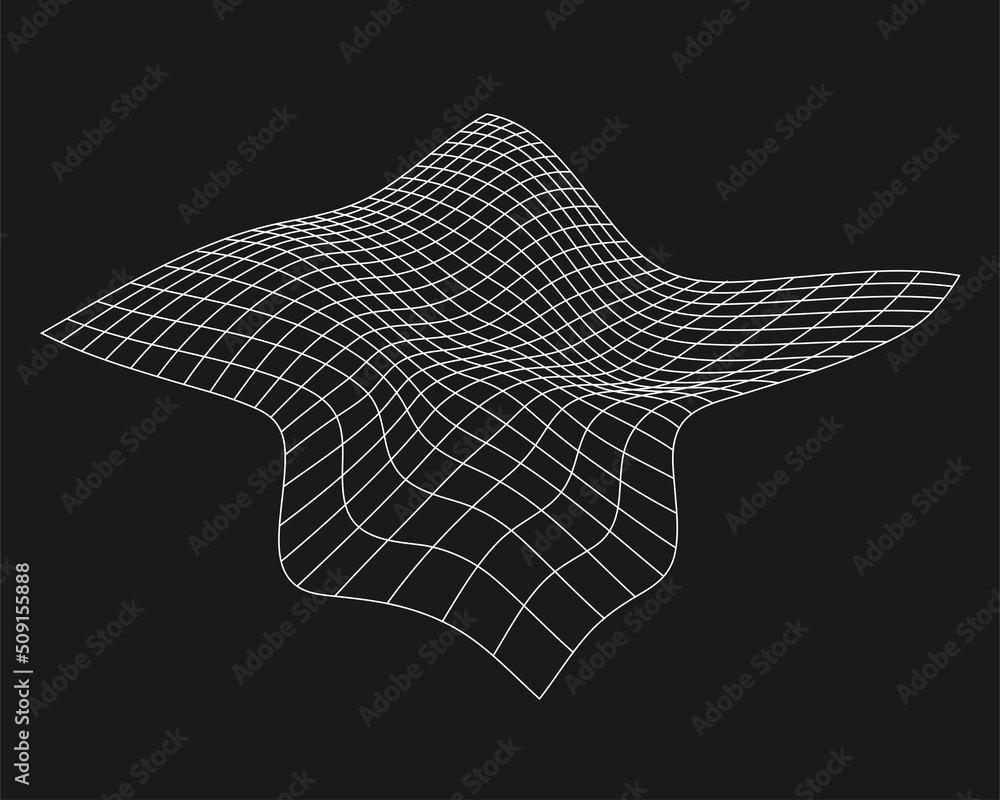 Poster cyber distorted grid, retro punk design element. wireframe wave geometry grid on black background. v