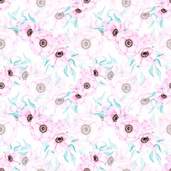 Handdrawn anemone seamless pattern. Watercolor pink flowers with green leaves on the white background. Scrapbook design, typography poster, label, banner, textile.