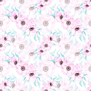 Handdrawn anemone seamless pattern. Watercolor pink flowers with green leaves on the white background. Scrapbook design, typography poster, label, banner, textile.