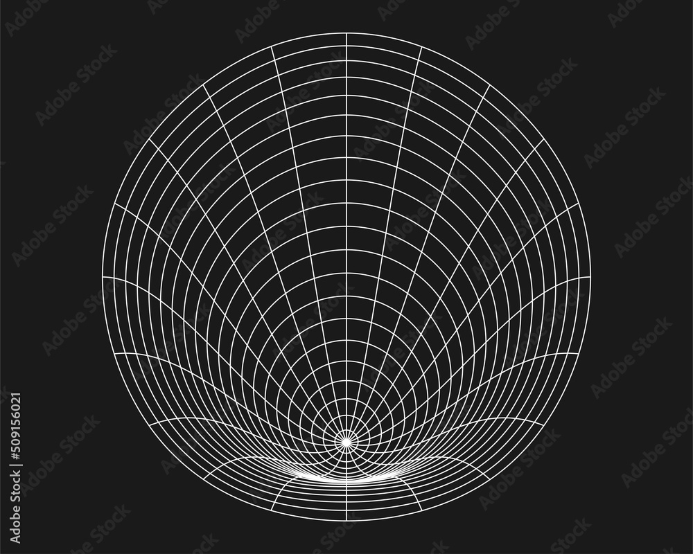 Poster cyber distorted round grid, retro punk design element. wireframe wave geometry grid on black backgro