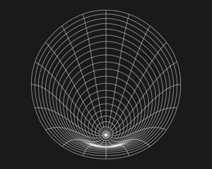 Cyber distorted round grid, retro punk design element. Wireframe wave geometry grid on black background. Vector illustration.