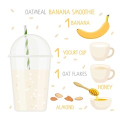 Banana oatmeal smoothie recipe. Plastic smoothie cup with straw and ingredients with inscriptions. Cup of yogurt, oat flakes, banana, honey, almont. For menu. Organic raw shake recipe, healthy food.
