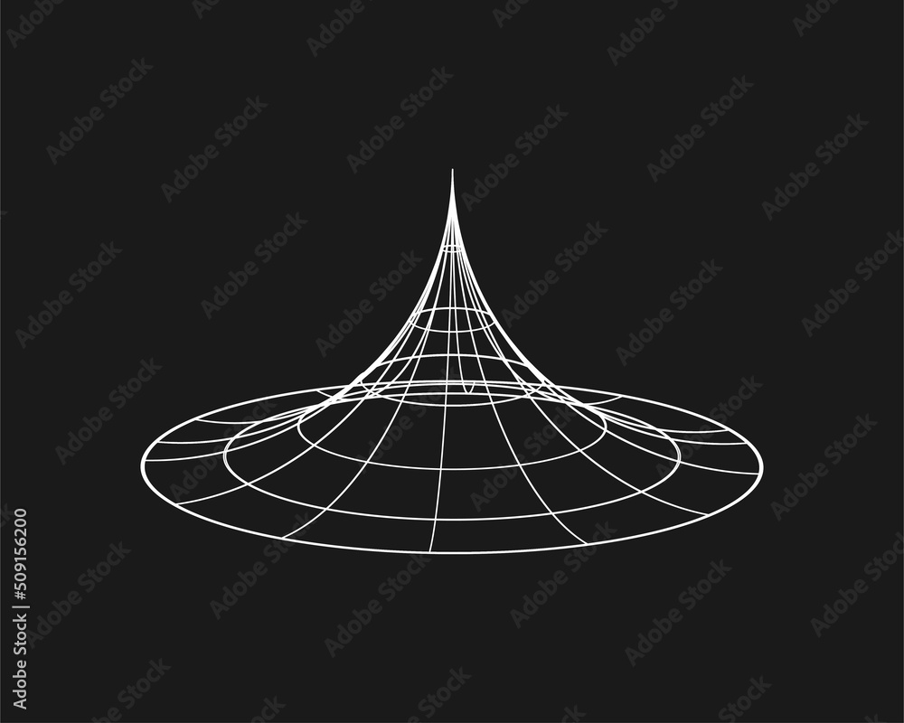 Poster cyber distorted shape, retro punk design element. wireframe wave geometry shape on black background.