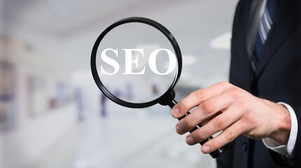 Human holding through magnifying glass, SEO Search Engine Optimization concept