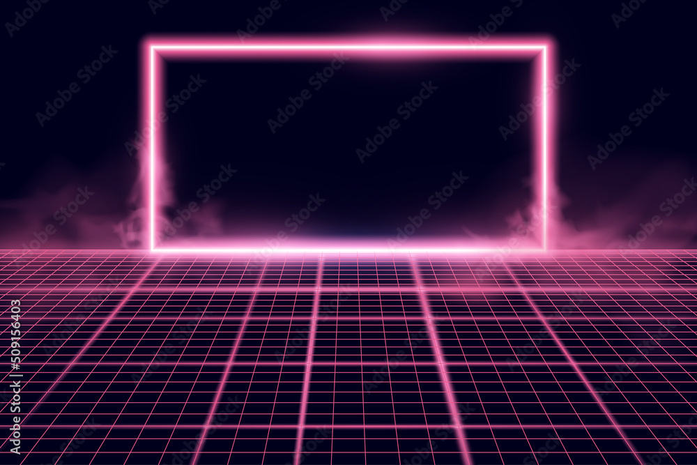 Poster wireframe perspective grid with glowing neon frame. abstract retro background. vector illustration
