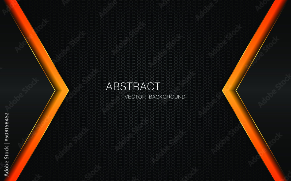 Poster abstract black and orange polygon with golden glow lines overlaid on dark steel mesh background with