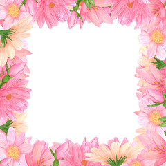 Handdrawn aster frame. Watercolor wind flower boarder on the white background. Scrapbook design elements. Typography poster, wedding card, label, banner design set.