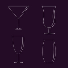 Cocktail glass icon set. Different types of glasses with cocktails. Alcohol drinks. Line art. Empty crystal glasses shape. Martini, wine, champagne. Shining effect. Flat design. Black background.