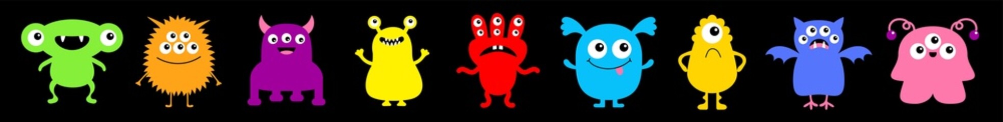 Monster icon set line. Happy Halloween. Kawaii cute funny cartoon baby character. Sticker print. Colorful silhouette. Eyes, horn, fang teeth tongue, wing. Flat design. Black background.