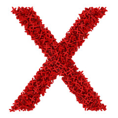 Letter X made of small red letters X, isolated on white, physical simulation, 3d rendering