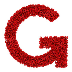 Letter G made of small red letters G, isolated on white, physical simulation, 3d rendering