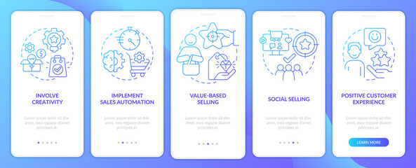 Naklejka premium Selling tendencies blue gradient onboarding mobile app screen. Sales walkthrough 5 steps graphic instructions with linear concepts. UI, UX, GUI template. Myriad Pro-Bold, Regular fonts used