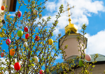 Colorful easter eggs on the tree near the church in sunny spring 