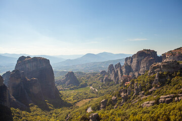 View of Meteora in Central Greece. The flat valley and monastery in the north of Kalambaka