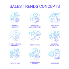 Sales trends blue gradient concept icons set. Ecommerce industry idea thin line color illustrations. Webinars. Customer experience. Isolated symbols. Roboto-Medium, Myriad Pro-Bold fonts used