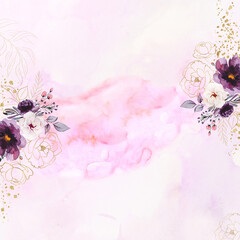 Fototapeta na wymiar Watercolor Purple and golden peonies flowers illustration, pink romantic wedding card template