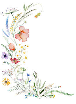 Bouquet made of watercolor wildflowers and leaves, wedding and greeting illustration