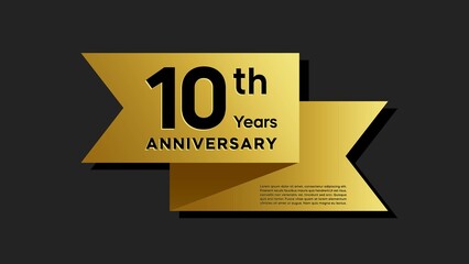 10 years anniversary logo with golden ribbon for booklet, leaflet, magazine, brochure poster, banner, web, invitation or greeting card. Vector illustrations.