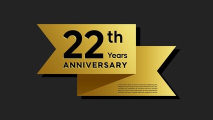 22 years anniversary logo with golden ribbon for booklet, leaflet, magazine, brochure poster, banner, web, invitation or greeting card. Vector illustrations.