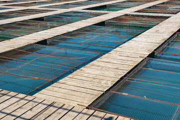 aquaculture installations with fish cages on a fish farm