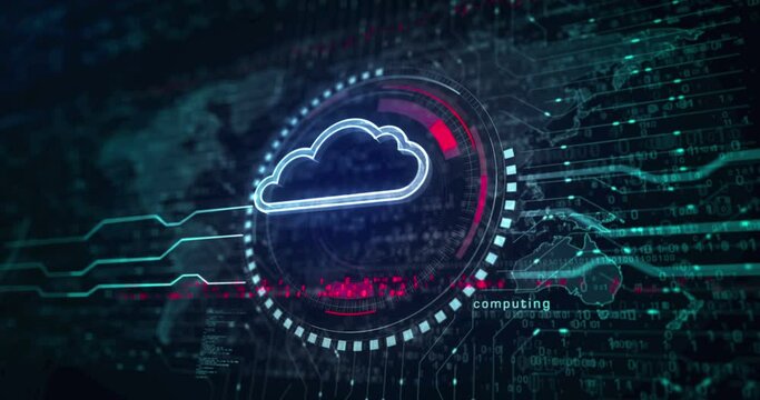 Cloud computing and online storage and internet server symbol abstract digital concept. Global network and cyber technology background seamless and looped 3d animation.